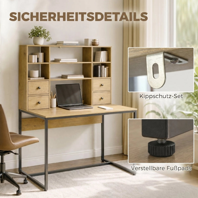 SCRIVANIA 105 cm con 4 cassetti e ripiani, legno naturale