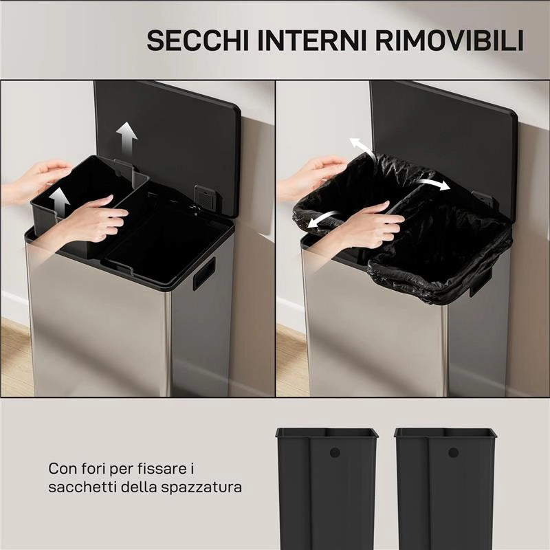 PATTUMIERA A PEDALE CON 2 SCOMPARTI DA 30L, COPERCHIO AMMORTIZZATO E SECCHI RIMOVIBILI, ACCIAIO INOX, ARGENTO