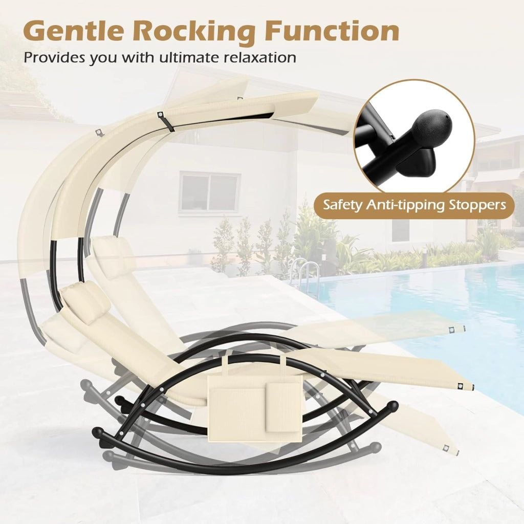 Poltrona a Dondolo Doppia, Lettino a Dondolo con Tettoia, Cuscini Poggiatesta, Braccioli e Struttura in Metallo, Lettino a Dondolo per Patio, Cortile, Bordo Piscina (Beige)