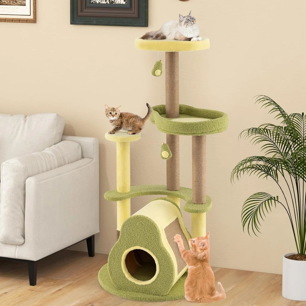 Albero per Gatti Multilivello 125 cm Stile Avocado, Tiragraffi Gatto con 3 Pali in Sisal, 4 Piattaforme, 2 Pompon e Grotta, Cuccia Albero Gatto Imbottito in Peluche con Tavola di Juta