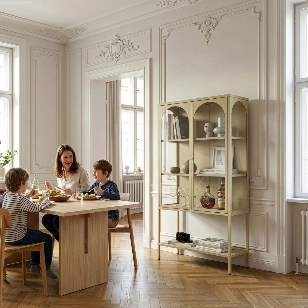 Vetrina Klippestad Credenza Alta a 2 Ante in Vetro e Ripiano Aperto 160 x 80 x 35 cm - Color Cammello [en.casa]