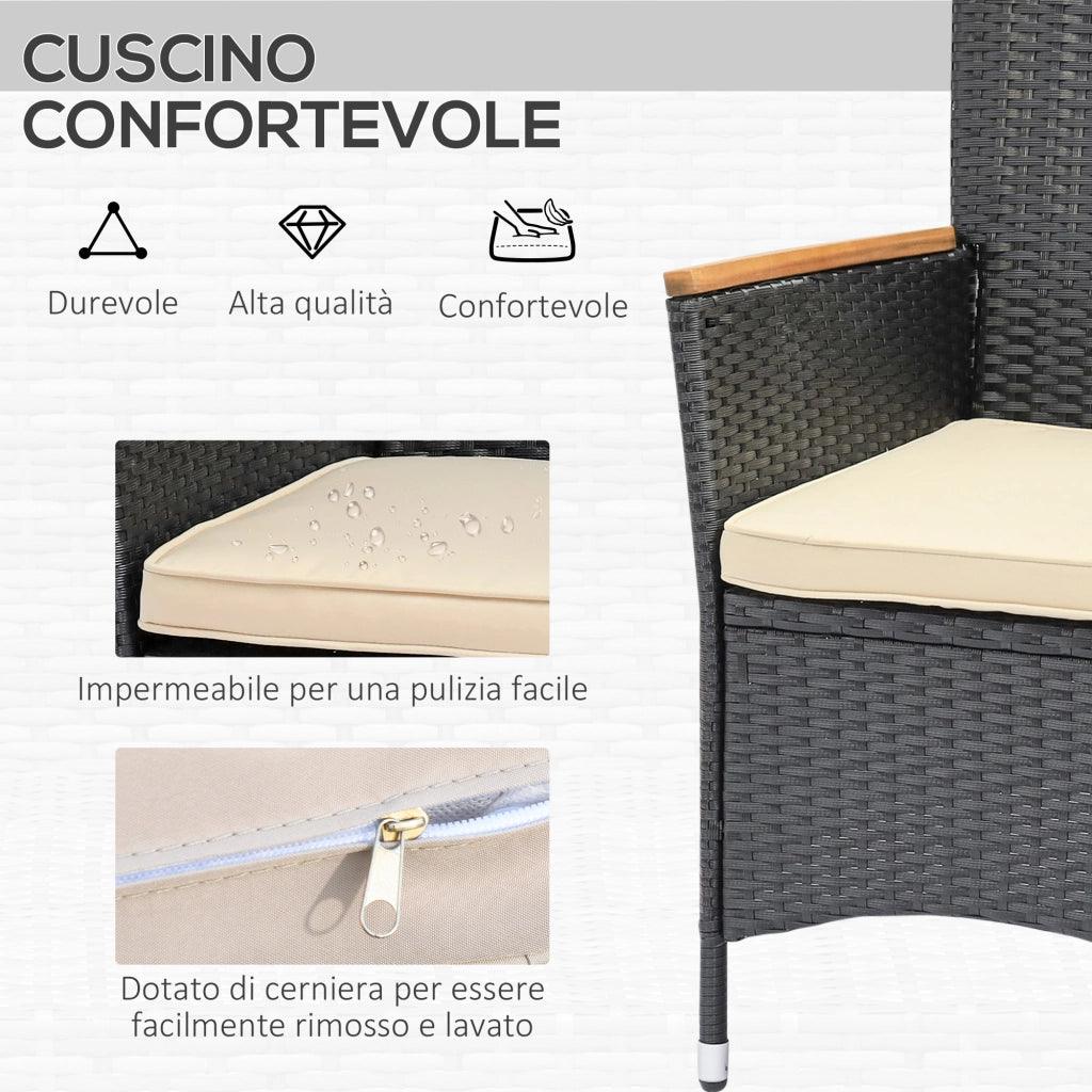 Set Giardino 7 Pezzi in PolyRattan e Legno con Cuscini ¨C Zephmum ¨C Nero