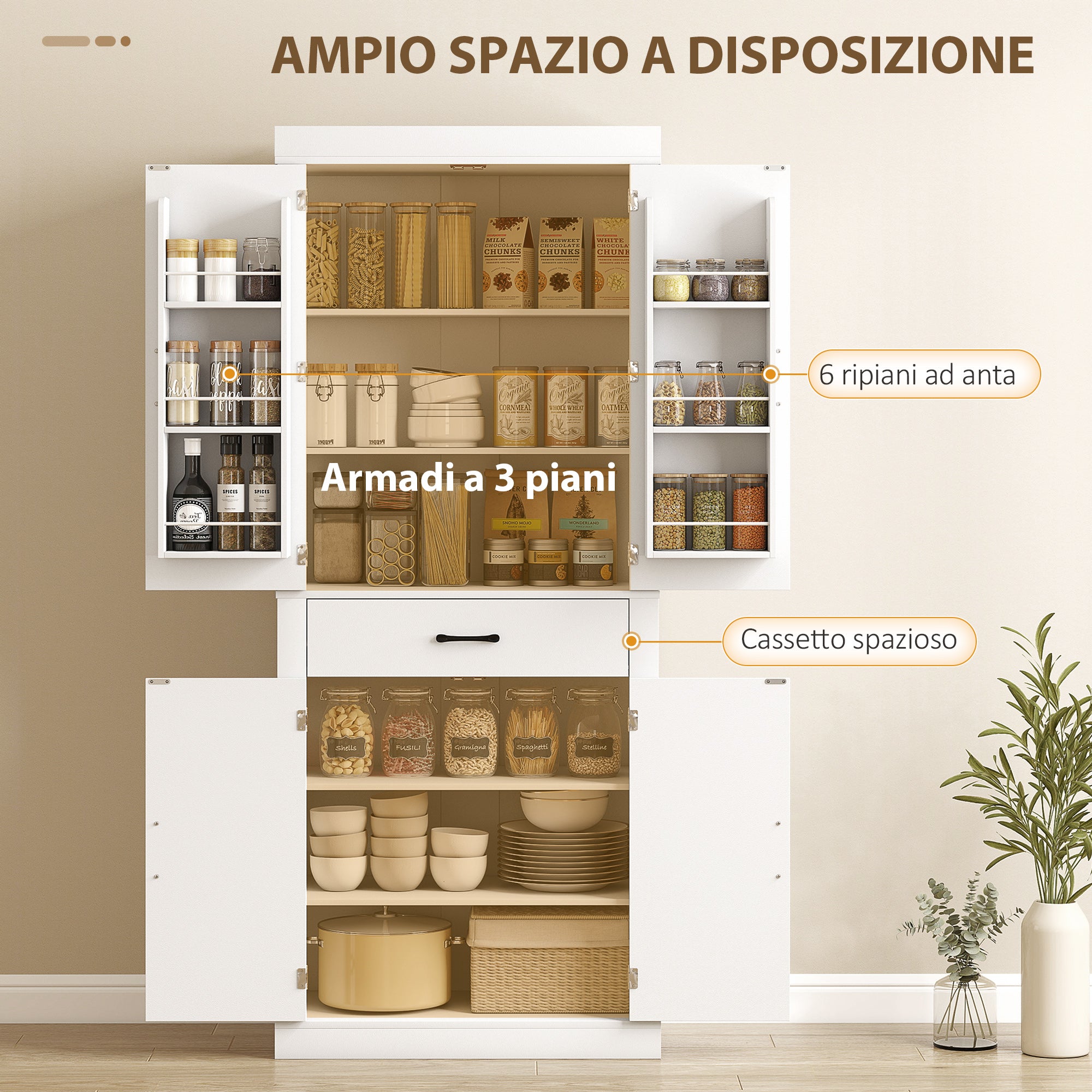 Dispensa Cucina in Stile Country 76x39,5x183,5 cm con 2 Armadietti 6 Ripiani e Cassetto in Legno Bianco