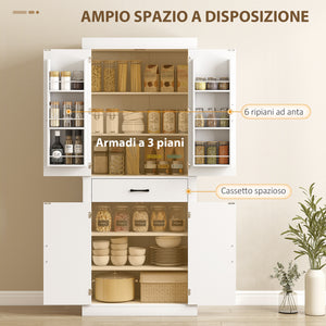 Dispensa Cucina in Stile Country 76x39,5x183,5 cm con 2 Armadietti 6 Ripiani e Cassetto in Legno Bianco