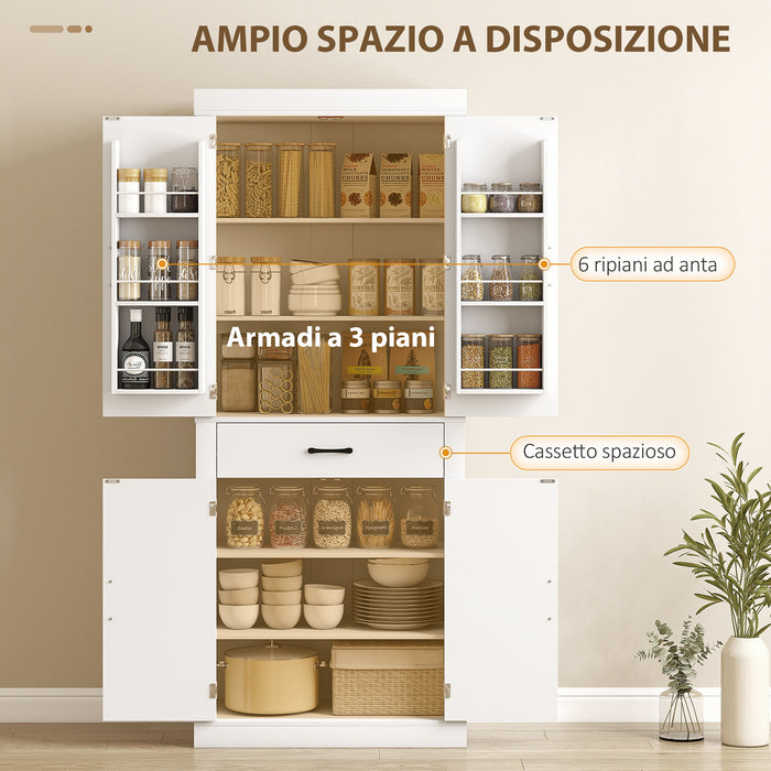Dispensa Cucina in Stile Country 76x39,5x183,5 cm con 2 Armadietti 6 Ripiani e Cassetto in Legno Bianco
