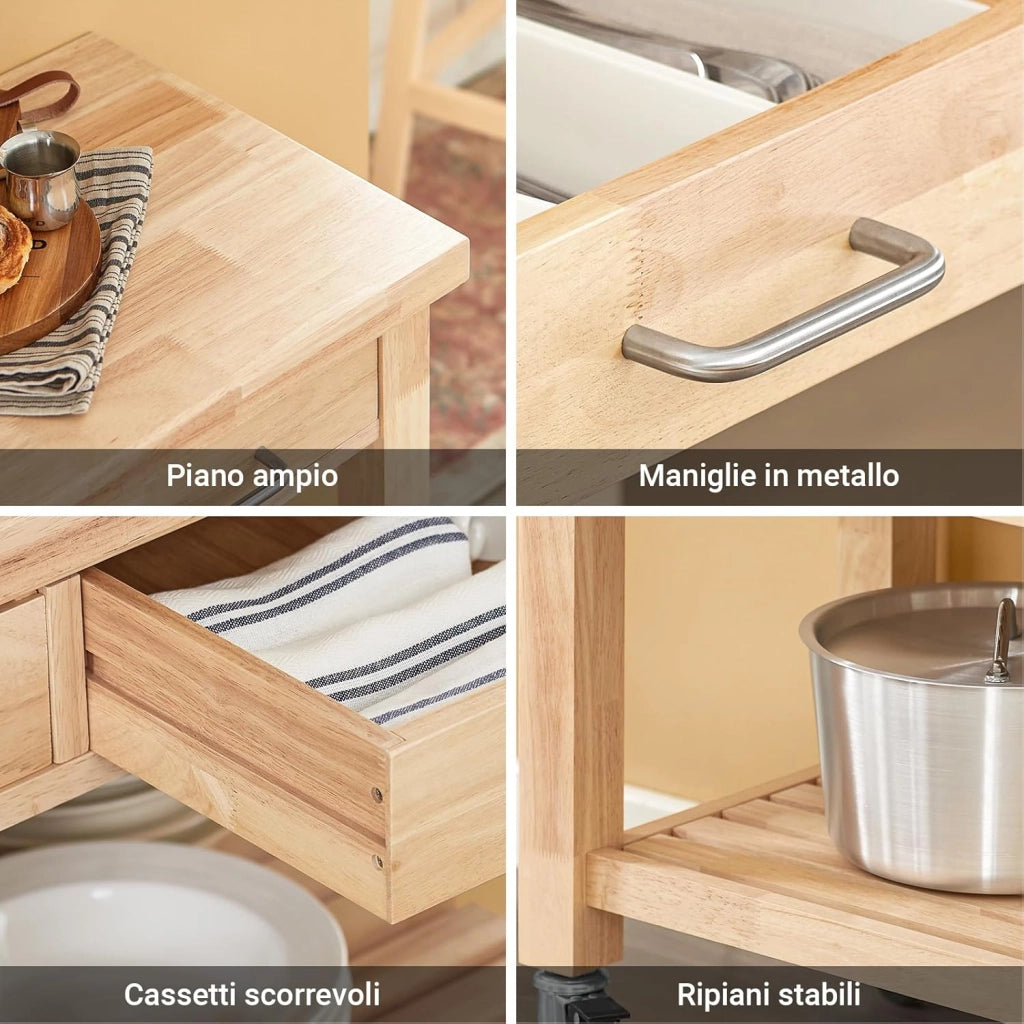Carrello da Cucina con Ruote, Mobile Cucina Salvaspazio in Legno Massiccio di Hevea – Mobile Soggiorno Credenza con 2 Cassetti e 2 Ripiani 80x40x90 cm FKW24-II-N