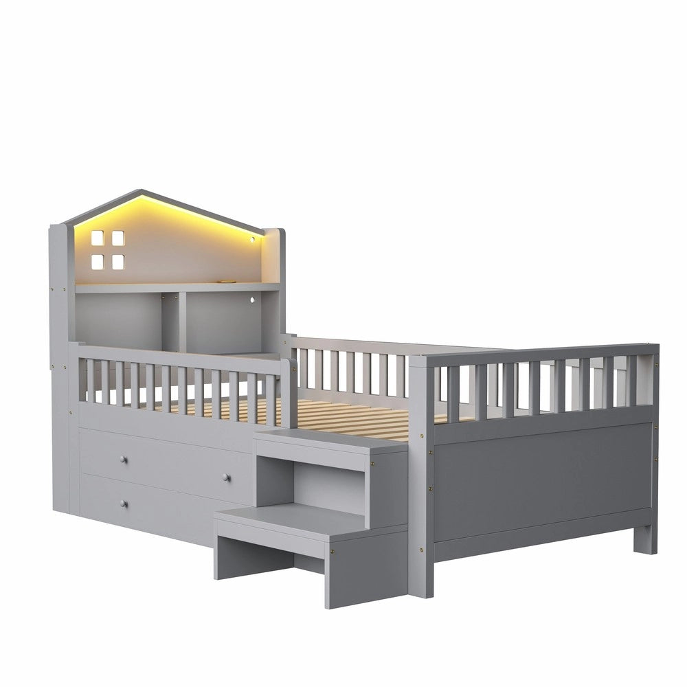 Letto Singolo Bambini con Cassetti, LED e Rete a Doghe ¨C Xylo ¨C Massello Grigio 90x200