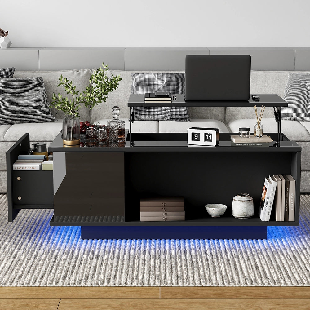 Tavolino-Xylo-100x50x40cm nero regolabile LED con tiroir