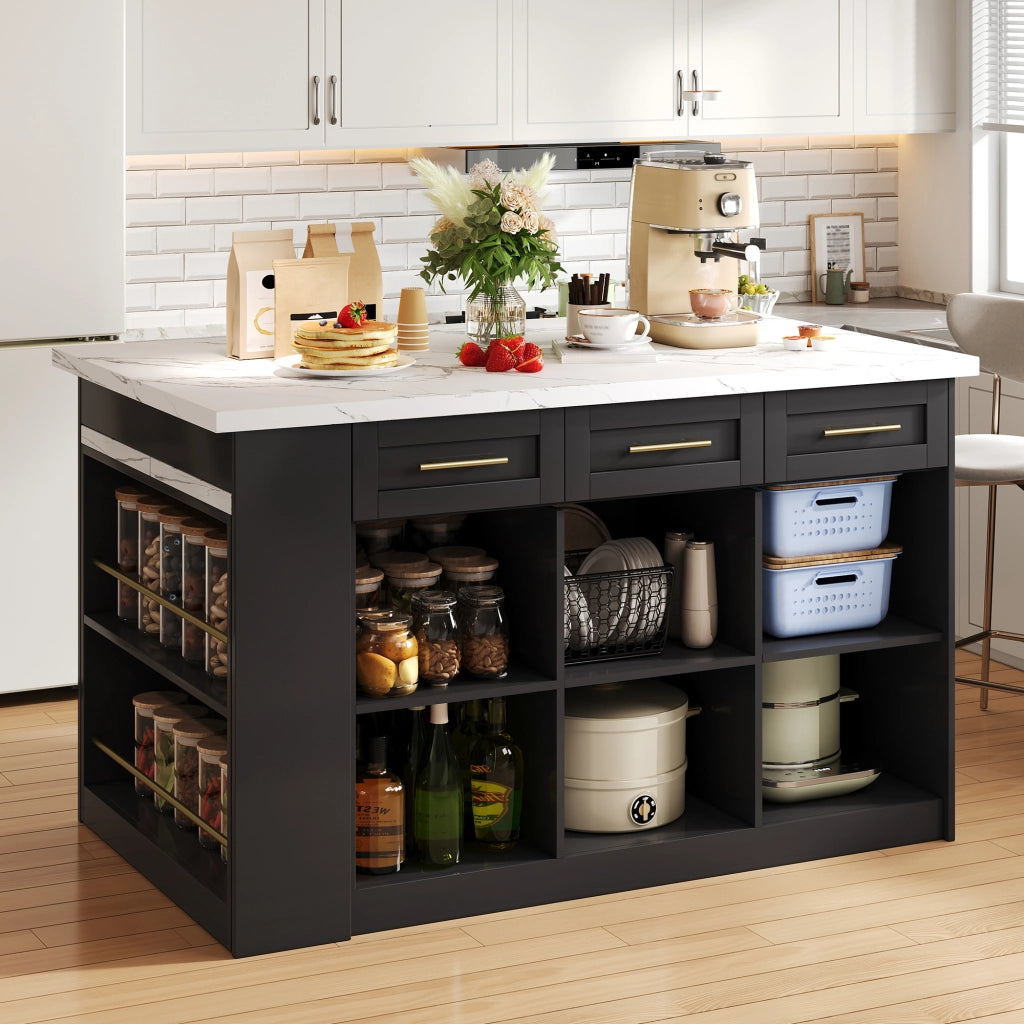 Isola cucina con tavolo estraibile 150x90 cm in MDF nero e marmo bianco