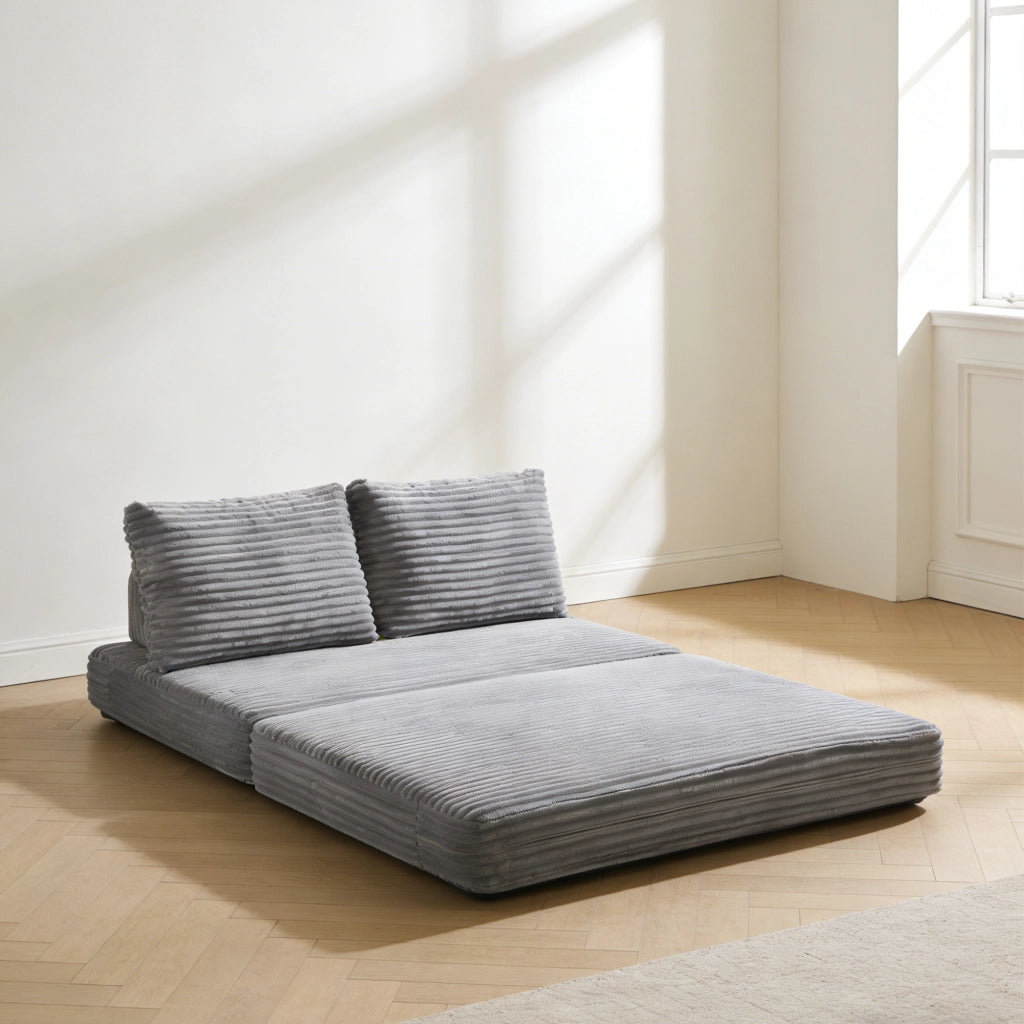 Divano letto multifunzionale in tessuto con schienali removibili e texture effetto velluto, grigio chiaro