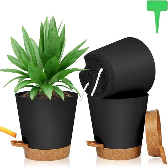 Set di vaso per piante da 3 con autoirrigazione - Vaso in plastica con sostegno per piante - 165 x 17 cm - 20 etichette per piante