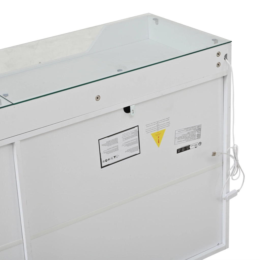 Credenza bianca 140x40x70 cm con LED, vetro e 2 cassetti