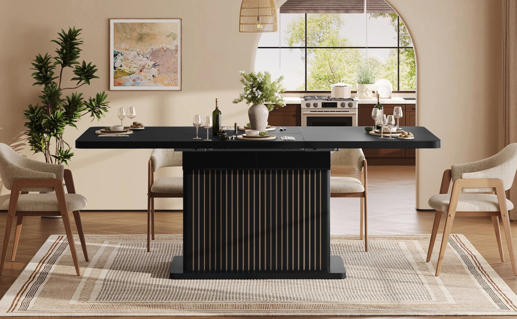 Tavolo da pranzo allungabile 120-160 cm con contenitore; MDF e metallo; nero
