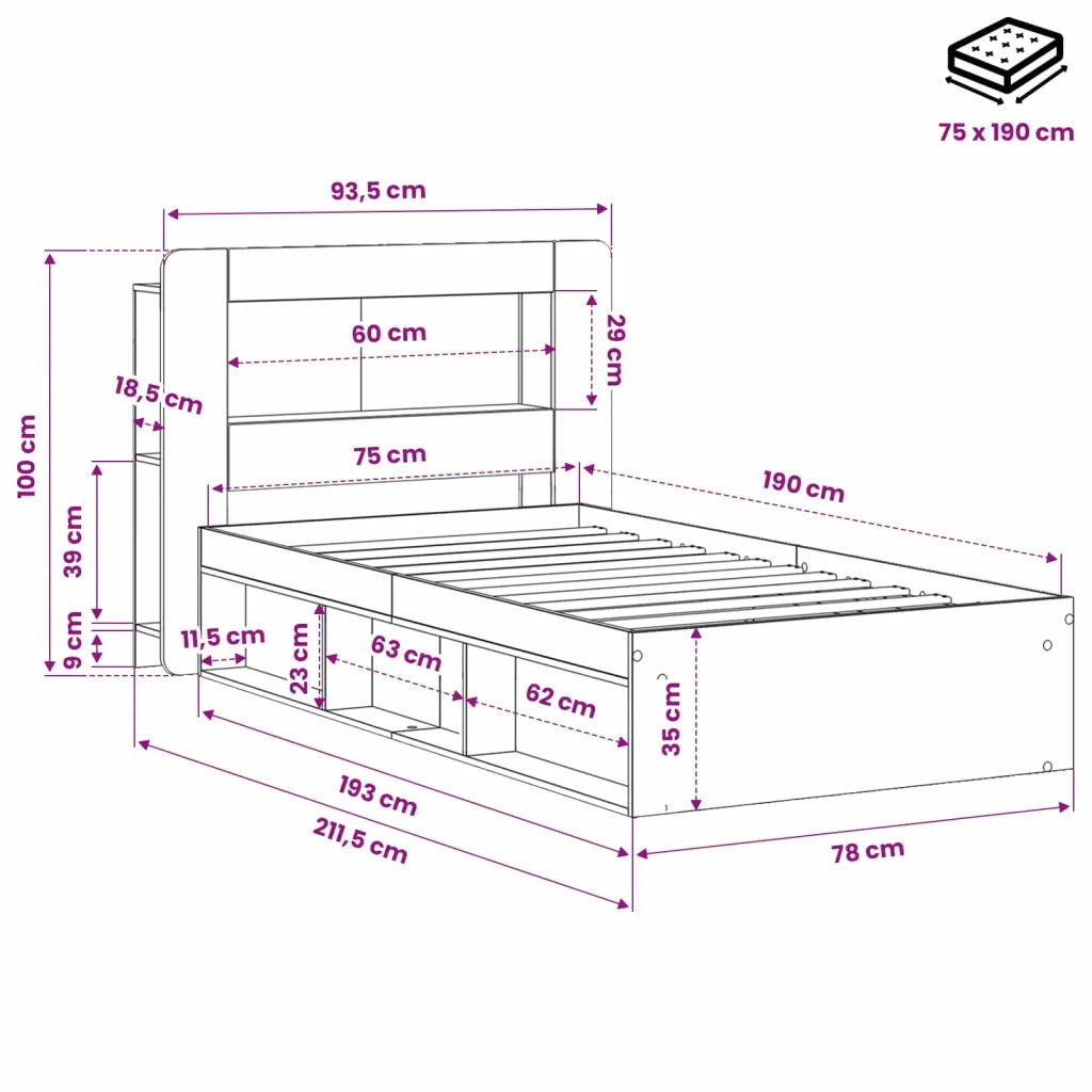 Telaio del letto con storage con testiera Nero 75 x 190 cm 3433424