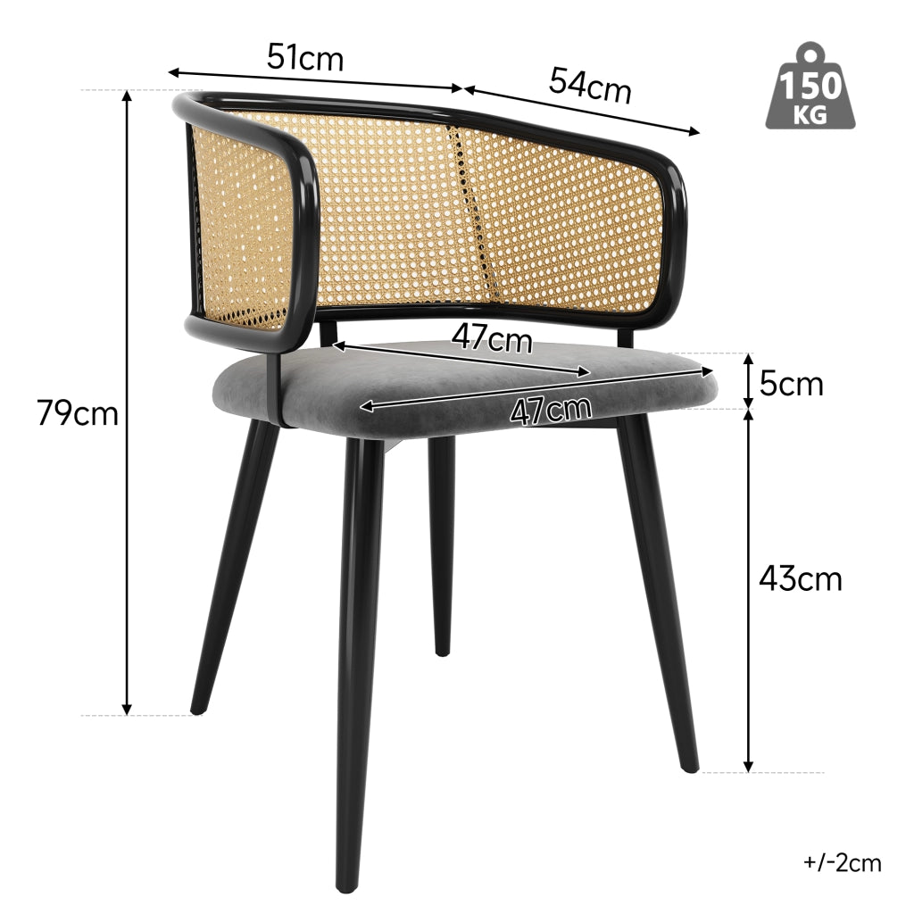 SEDIA da pranzo 47x51x79 cm in velluto grigio con schienale in rattan