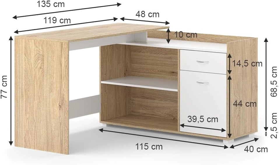 Scrivania ad angolo Noira, Sonoma, 135 x 77 cm con cassetto, adatto per montaggio ad angolo sinistro o destro