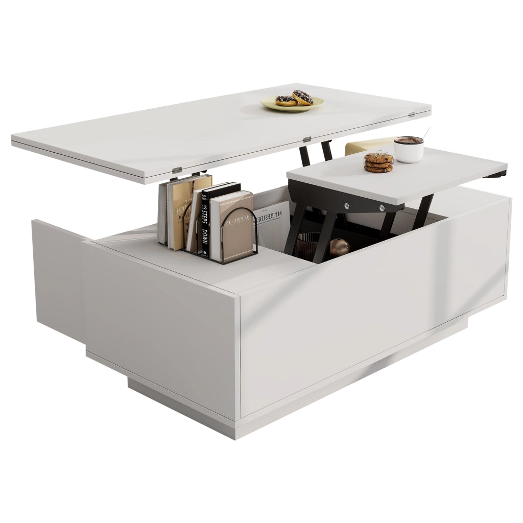 TAVOLINO DA CAFFÈ 100x50x43 cm Bianco in pannello di legno con doppio piano ribaltabile