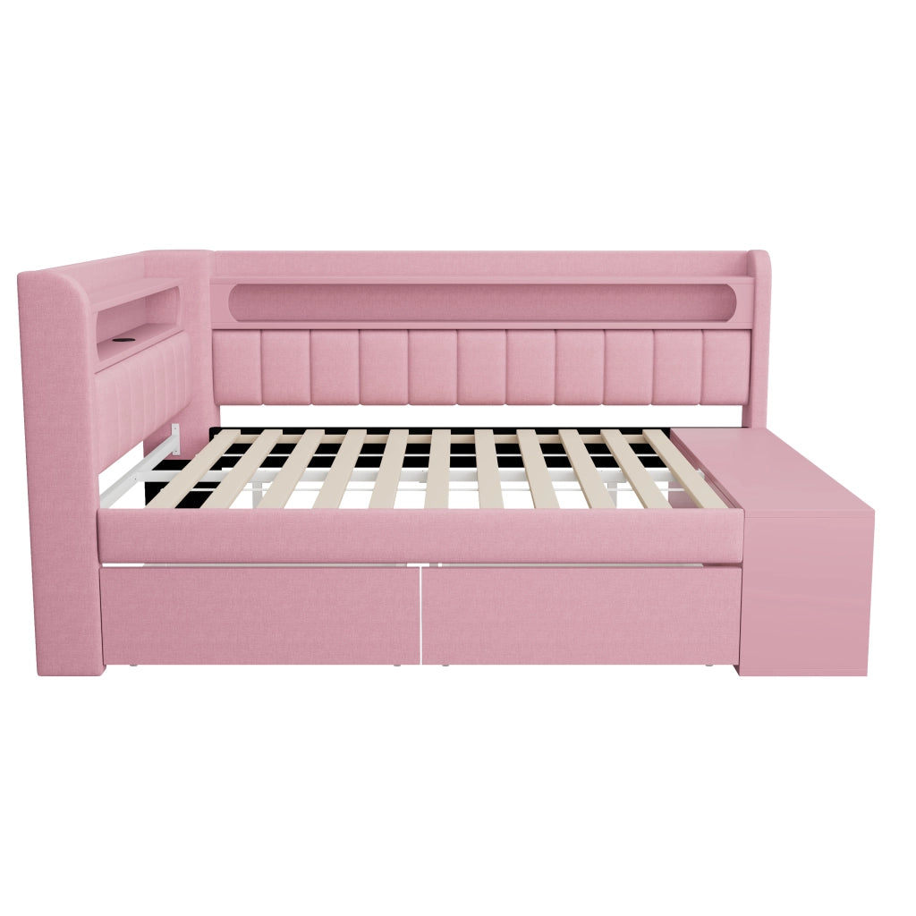 Letto a Divanetto 90x200 cm con USB; LED; 2 Cassetti e Scarpiera; Imbottito - Rosa