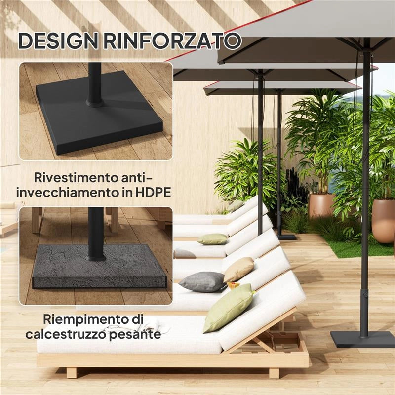 BASE PER OMBRELLONE QUADRATA DA 14.5 KG CON MANOVELLA IN HDPE E CEMENTO 44X44X30 CM NERO