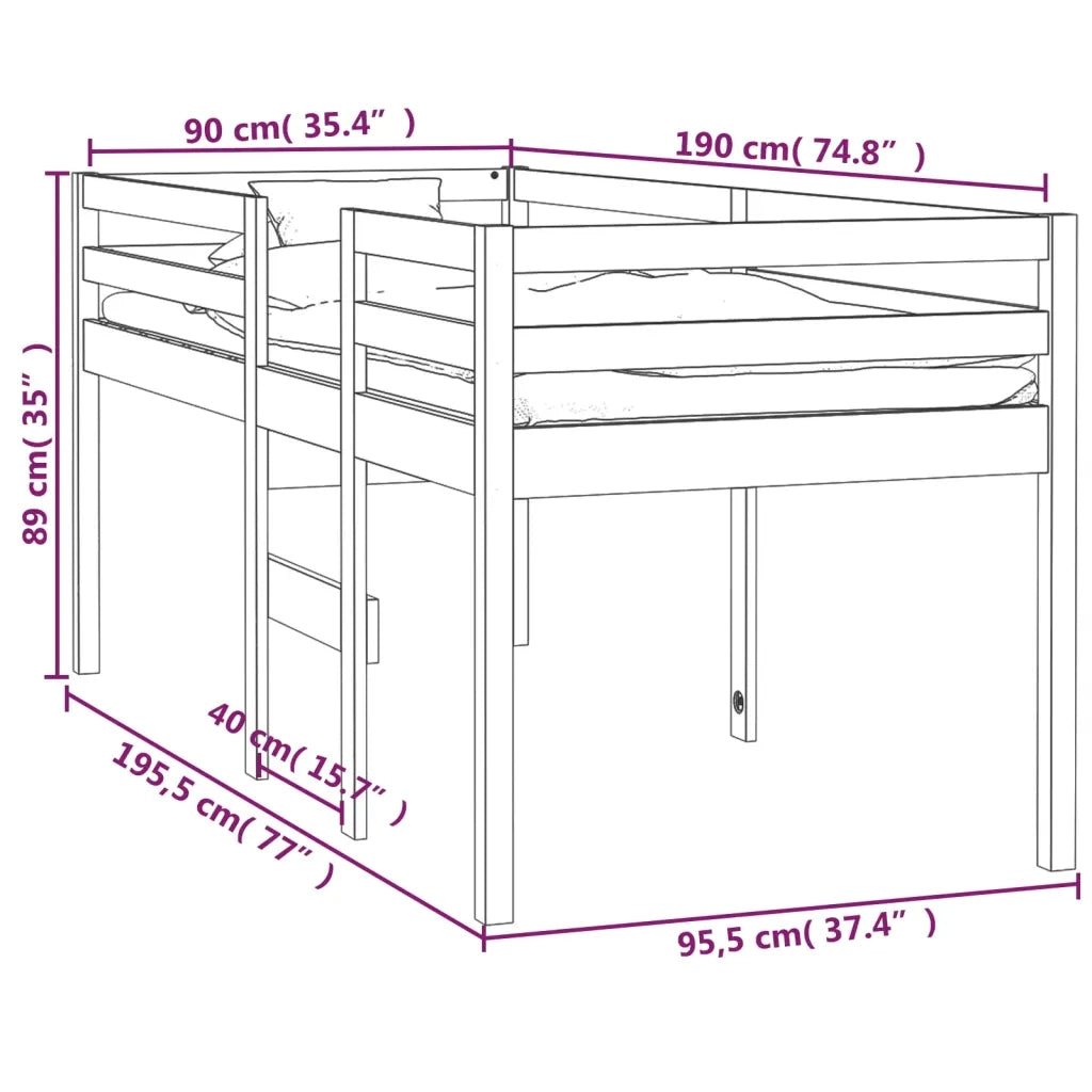 Letto a Soppalco 90x190 cm in Legno Massello di Pino 821614