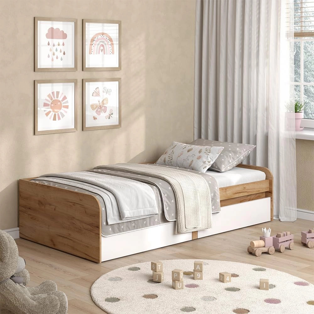 Letto per bambini Clario, Bianco/Artisan, 90x200 cm Senza materasso, estendibile come letto per ragazzi con superficie letto aggiuntiva
