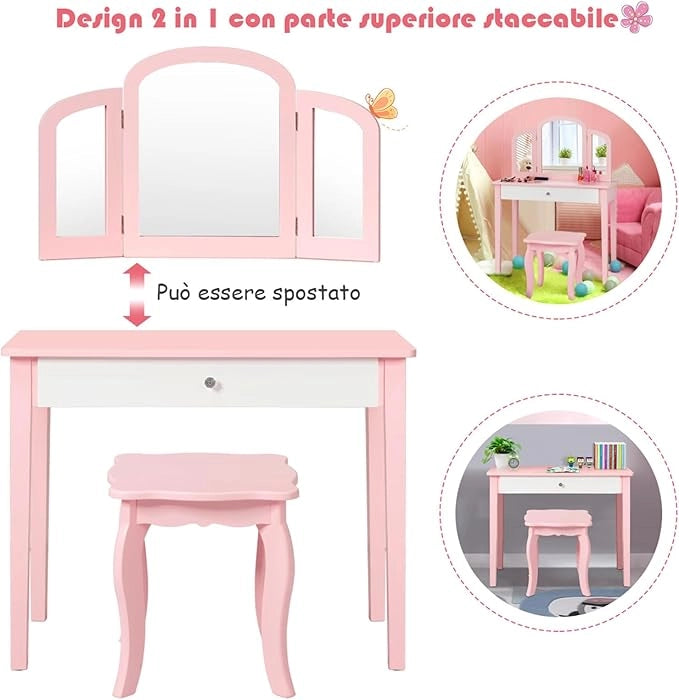 Toeletta Trucco per Bambina, Specchiera Trittica per Ragazza in Legno Robusto con Sgabello e Cassetto, Postazione Trucco 2 in 1 per Cameretta e Cmera da Letto, 95x70x34cm(Rosa)