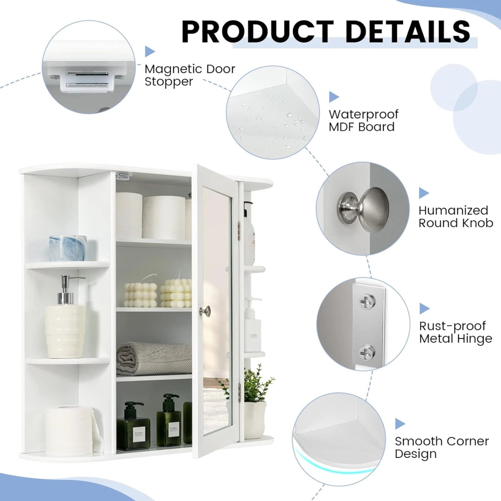 Armadietto Bagno a Parete, Mobiletto Pensile con Ante di Specchio, 6 Scomparti Laterali e 4 Ripiani di Stoccaggio, 3 Colori Disponibili, 66x16,5x63cm (Bianco)