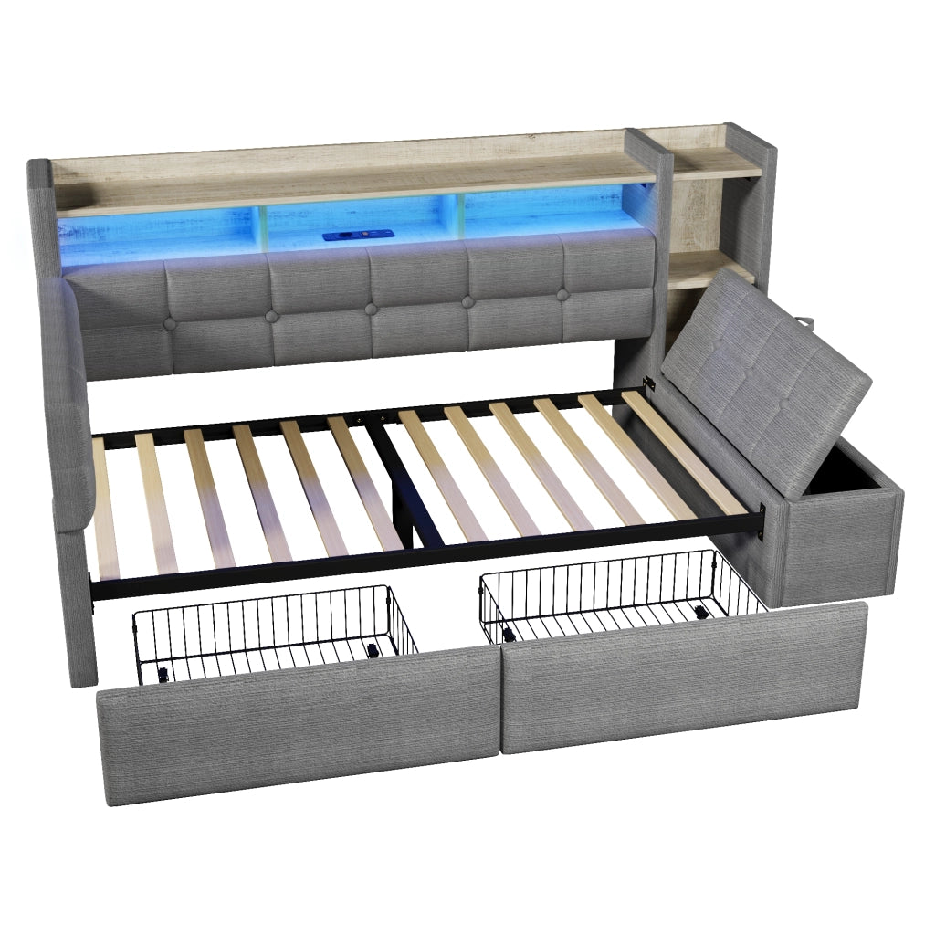 OKWISH Letto a Divano 90×190 cm, Letto Singolo con 2 Cassetti, USB, Tipo C, Mensola e LED Regolabile, senza Materasso, Velluto, Grigio Scuro