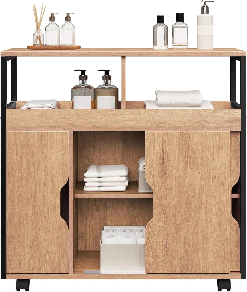 Mobile da Bagno Stretto, Mobile da Bagno con 2 Scomparti Aperti, Ripiano Regolabile, Ante Scorrevoli, Ripiano a Nicchia con Rotelle, 70x70x20 cm, Nero Rovere Chiaro