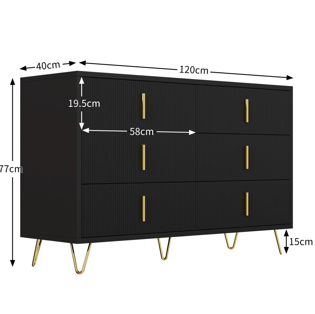 Sideboard 120x77x40 cm con 6 cassetti; design moderno; in truciolare nero e oro