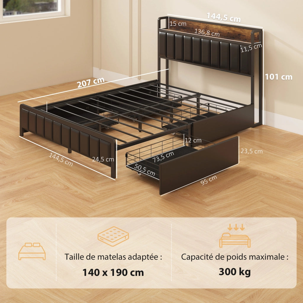 Letto matrimoniale imbottito con contenitore e rete a doghe ¨C zephmum ¨C nero 140x190