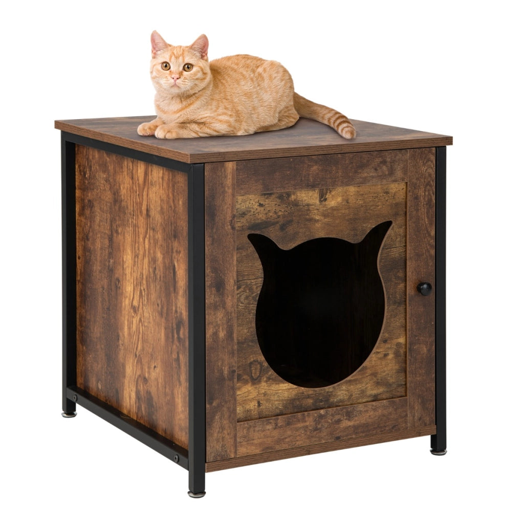 Tavolino multiuso per gatti con porta ingresso a forma di gatto, Mobile decorativo per lettiera per gatti Marrone-Lettini e divanetti