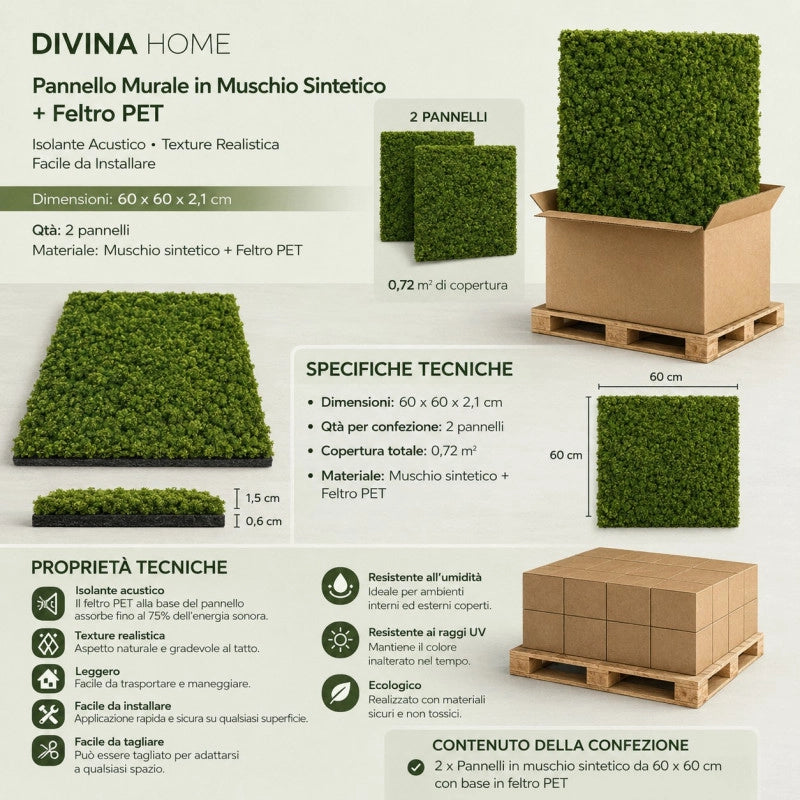 Pannelli fonoassorbenti decorativi effetto muschio sintetico, isolamento acustico parete 60x60 set 2 pezzi - Divina Home
