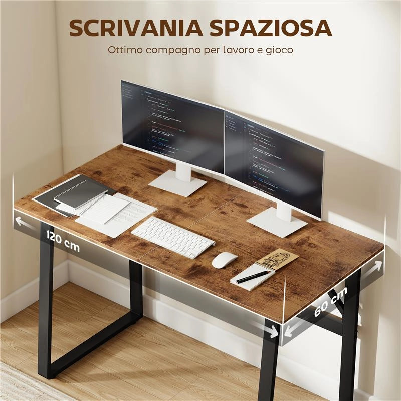 SCRIVANIA PER CAMERA STILE INDUSTRIALE CON ANGOLI ARROTONDATI, IN LEGNO E ACCIAIO, 120X60X76 CM, NERO E MARRONE