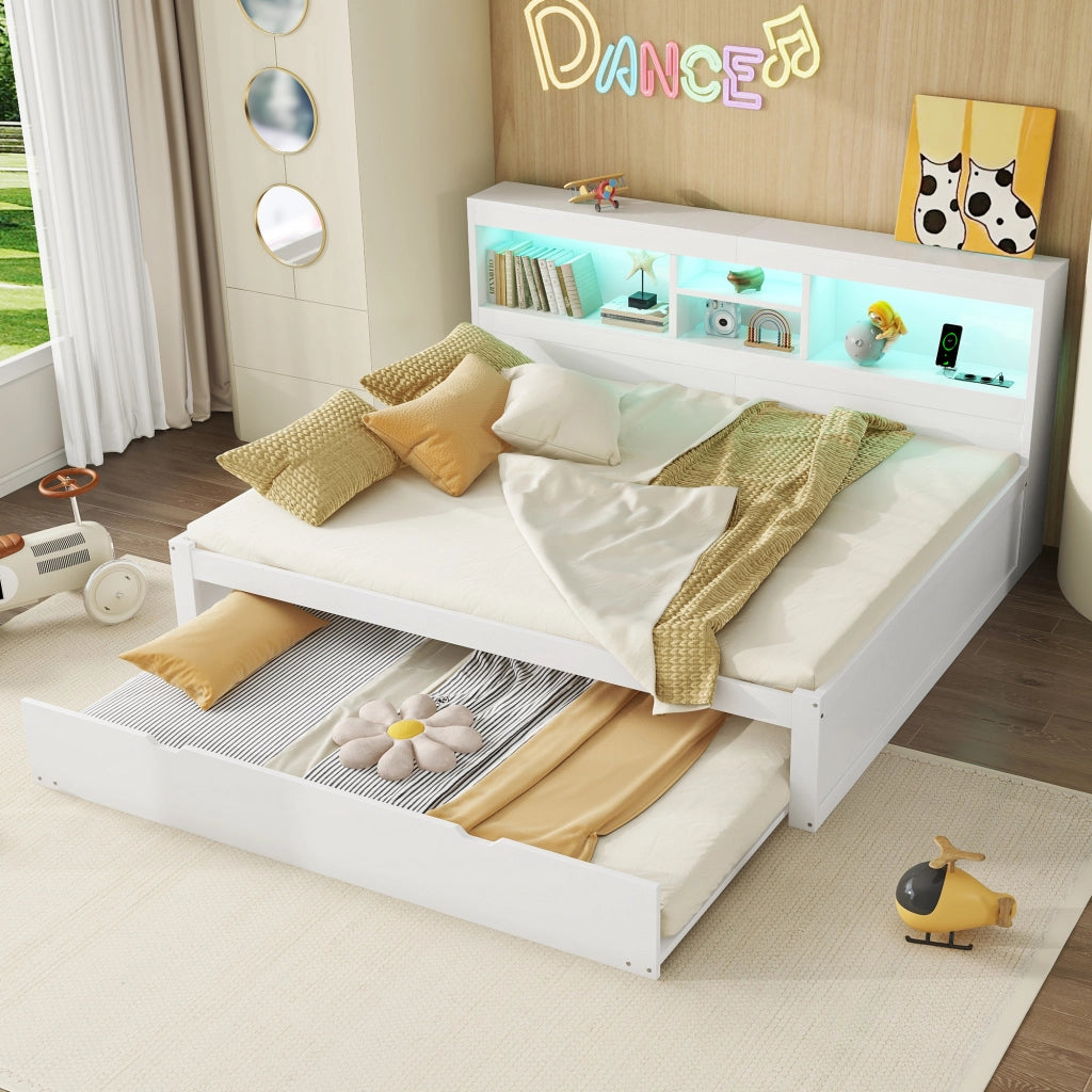 Divano letto / daybed 140x200 cm con illuminazione ambientale, presa e USB, vano laterale e letto estraibile, bianco