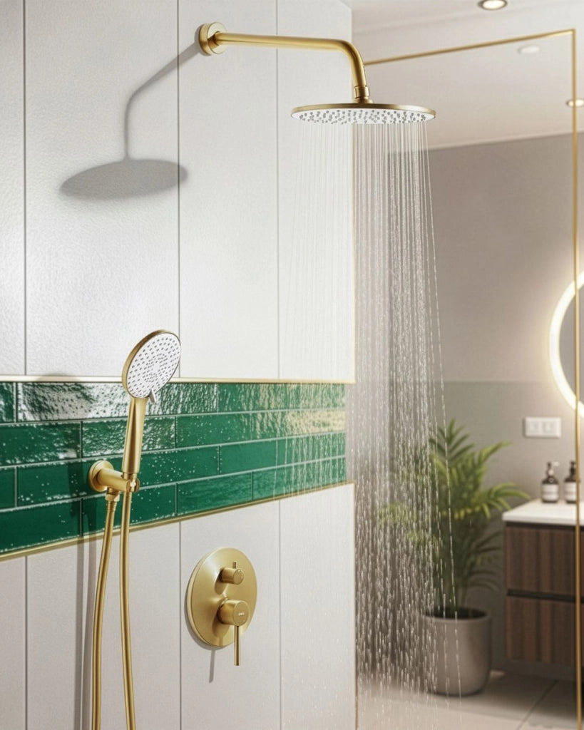 Set doccia a incasso in ottone oro 3 modalità di getto a pioggia Funzione doccia a parete Sistema doccia a sospensione Stile moderno