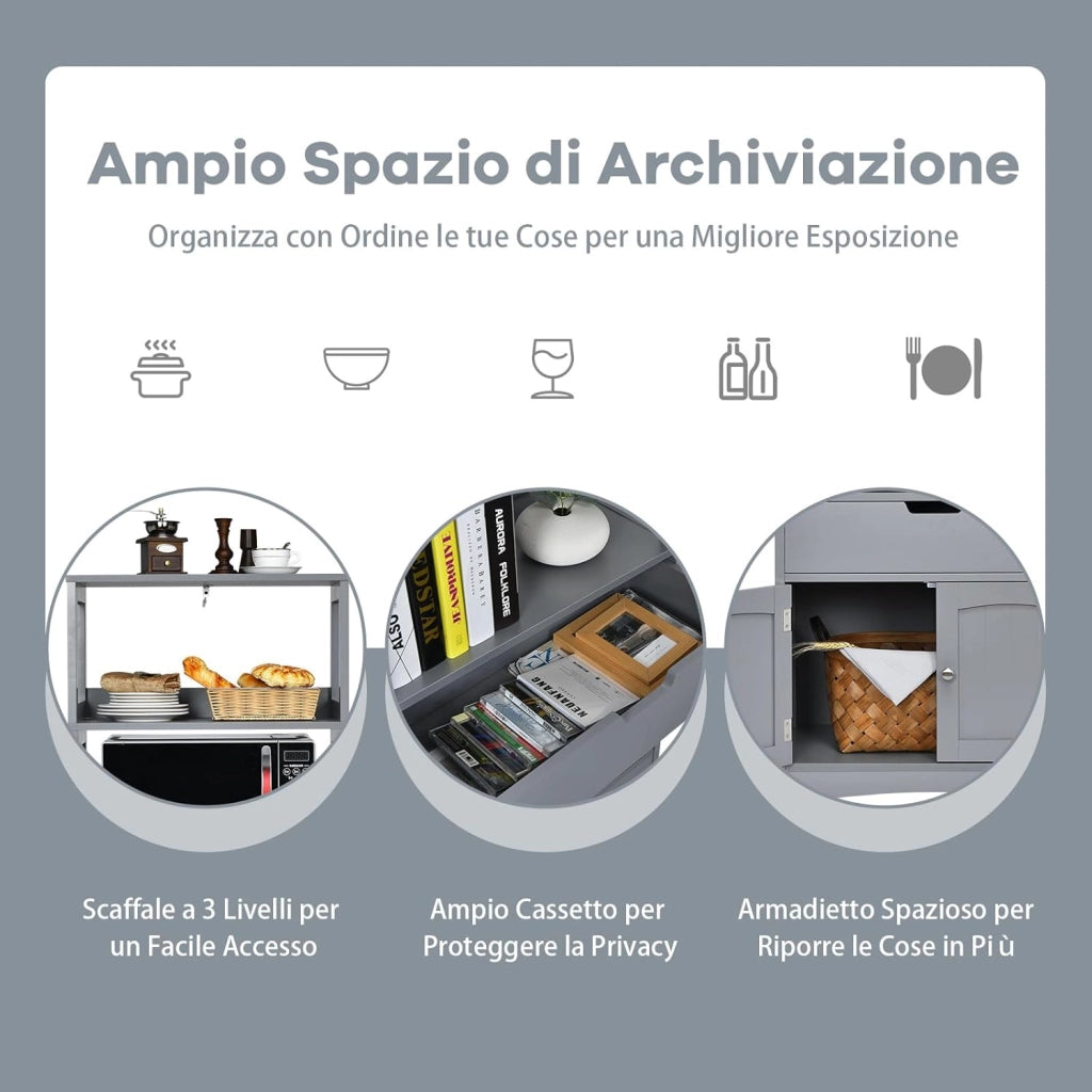 Armadietto del bagno con cassetto e mensola, armadio con 2 mensole aperte e 2 ante, armadietto per cucina, ingresso, salone e camera da letto, armadietto in legno (Grigio)