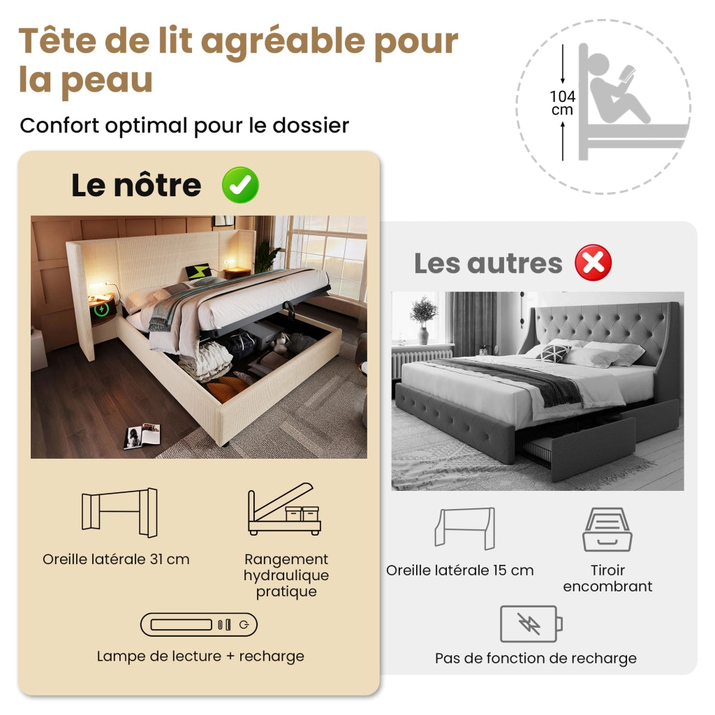 Letto Contenitore Letto Matrimoniale 160×200 cm con USB; Tipo C e Lampada da Lettura; senza Materasso