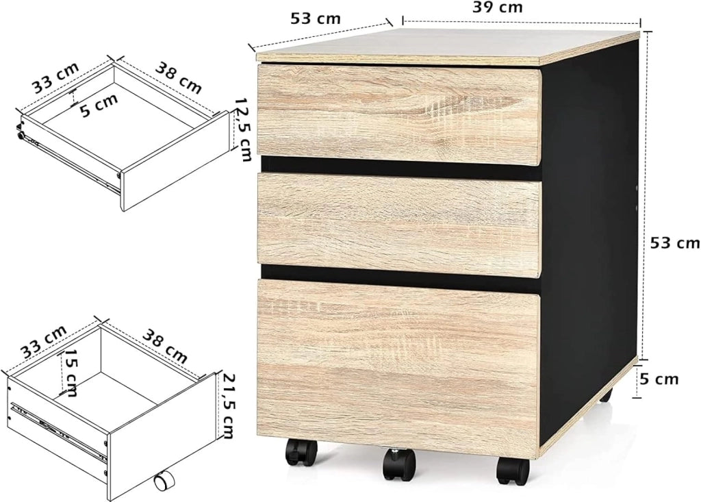 Cassettiera arrotolabile su ruote, armadietto a 3 cassetti, armadietto da ufficio, con freni, armadietto da ufficio, con design anti-ribaltamento, colore: naturale