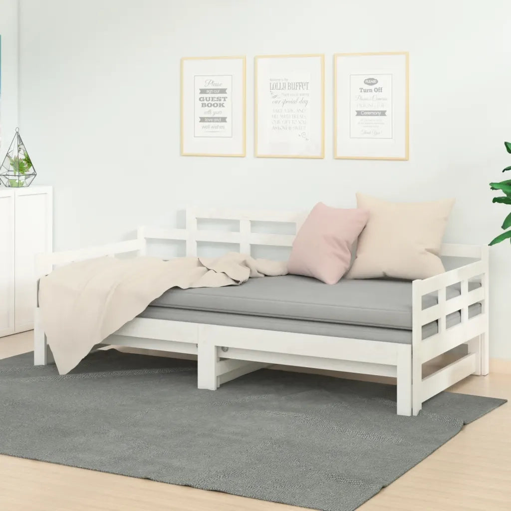 Letto singolo | Letto per adulti | Dormeuse Estraibile Bianca Legno Massello di Pino 2x(80x200) cm