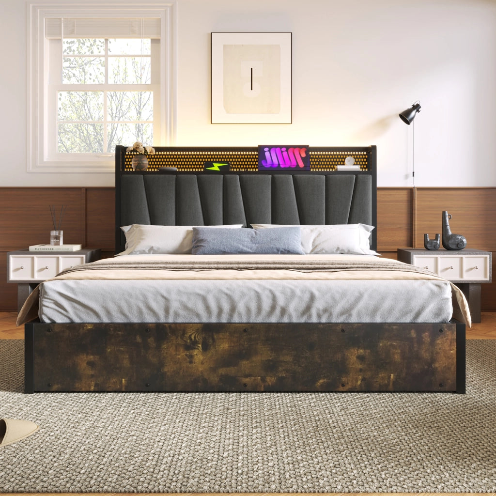 OKWISH Letto Contenitore 160 x 200 cm, Letto Matrimoniale con LED, USB e Prese, Materasso Incluso, Testiera con Mensola, Grigio