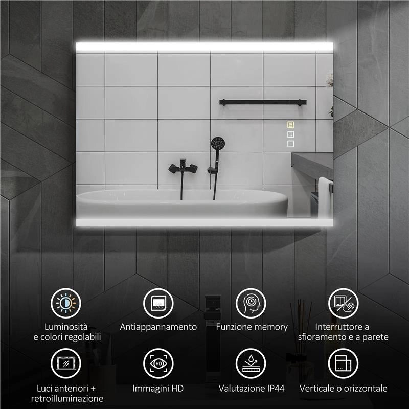 SPECCHIO DA BAGNO CON LUCE LED A 3 COLORI E FUNZIONE MEMORY, IN VETRO TEMPERATO, 70X50X3 CM, ARGENTO