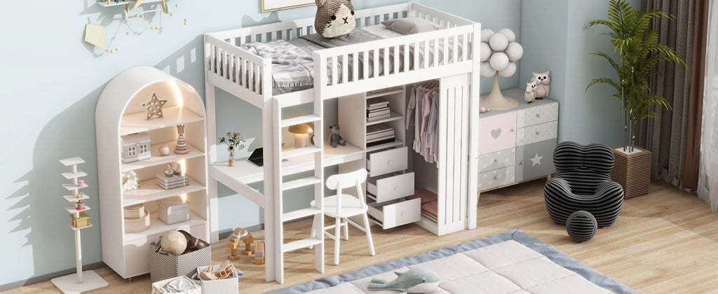 LETTO a soppalco 90x200 cm con scrivania, armadio, 3 cassetti, bianco
