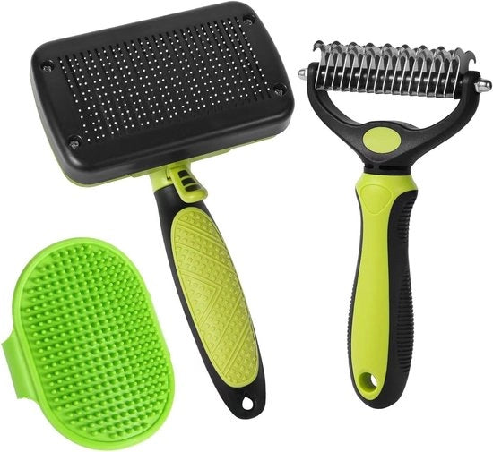 Set di 3 Spazzole per Cani - Spazzola per Capelli Lunghi in Acciaio Inox, Spazzola per Sottopelo e Spazzola a Doppia Faccia per Capelli Corti per Cani - Aiuto per il Cambio della Pelliccia del Cane (Verde)