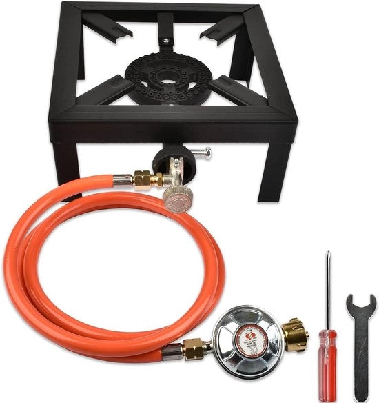 Camping stufa a gas portatile 4 fuochi 6 kW inclusa valvola di regolazione della pressione 50 bar e tubo di acciaio di 15 m testato con CAS per campeggio all'aperto