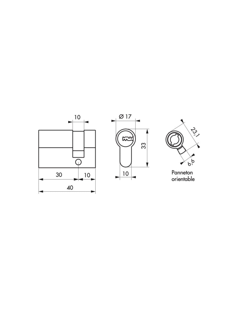 Semicilindro europeo 30 x 10 mm, nichelato, camma orientabile, 4 chiavi – THIRARD