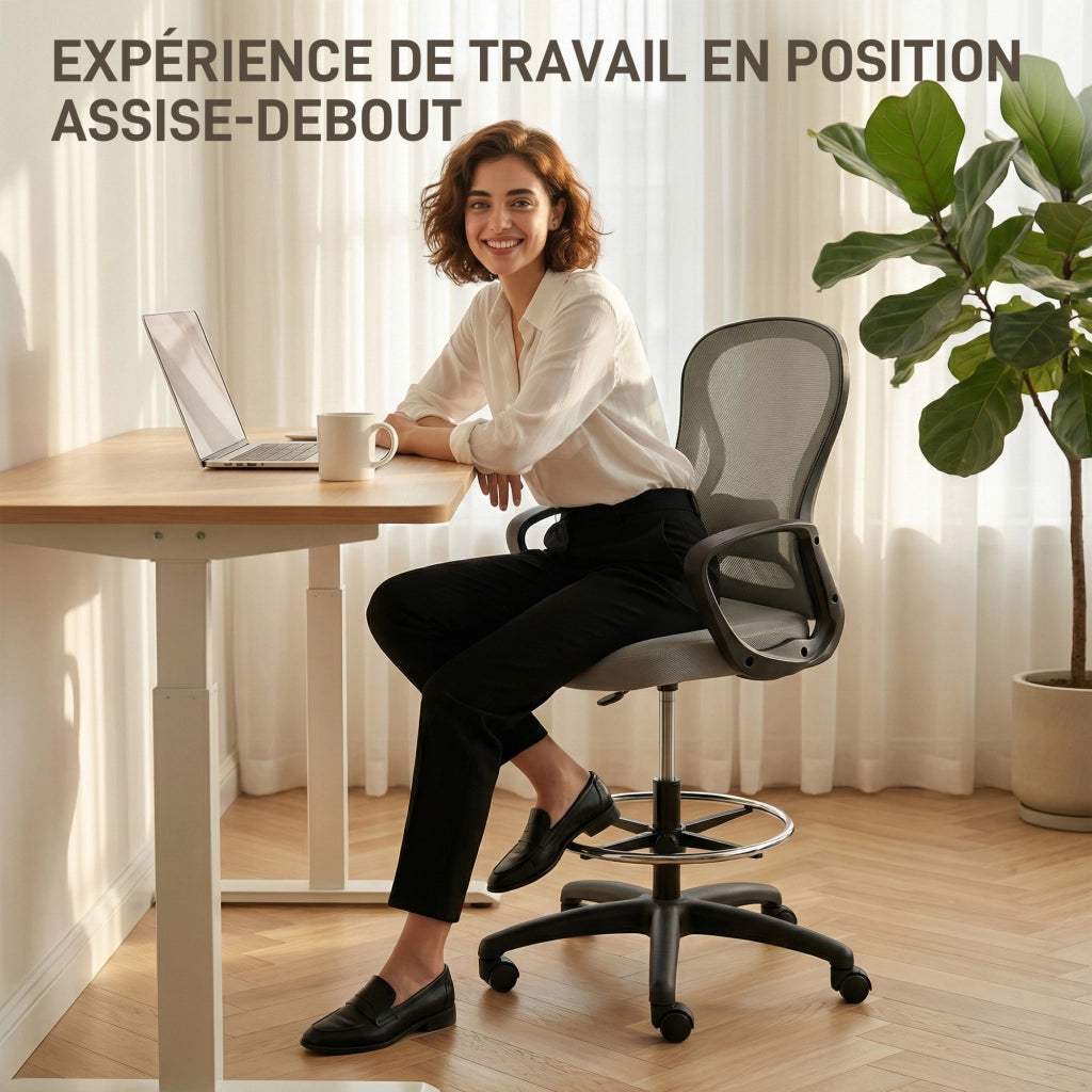 Poltrona ergonomica da ufficio con poggiapiedi e braccioli ¨C zephmum ¨C Grigio, rete, 59x65x123 cm