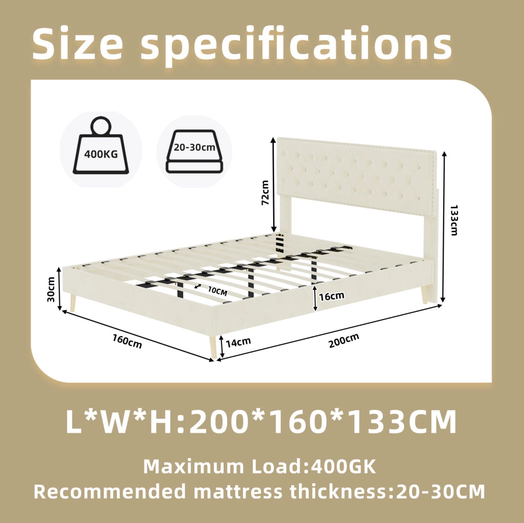 Letto matrimoniale 160x200 cm in velluto beige con testiera alta e struttura in metallo