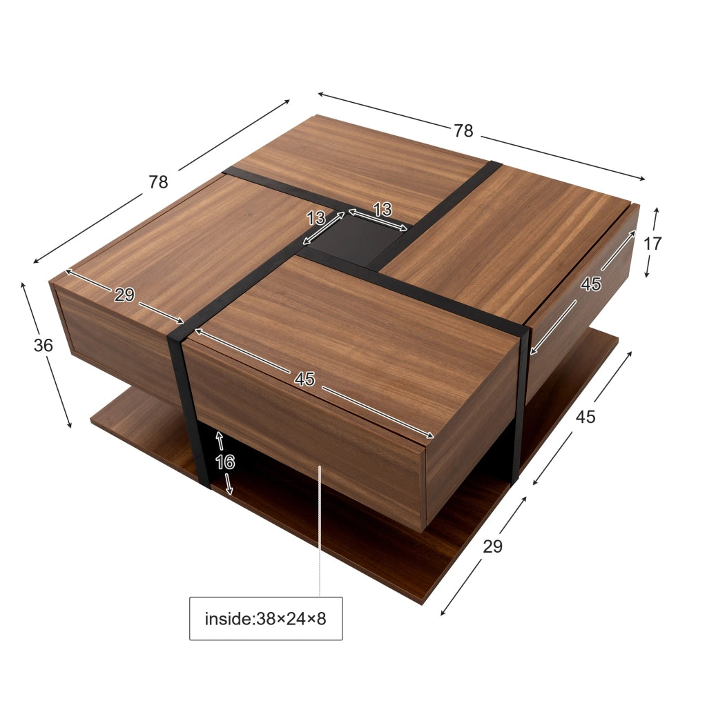 Tavolino da caffè quadrato con 4 cassetti e ripiano inferiore; 78x78x36 cm in truciolare