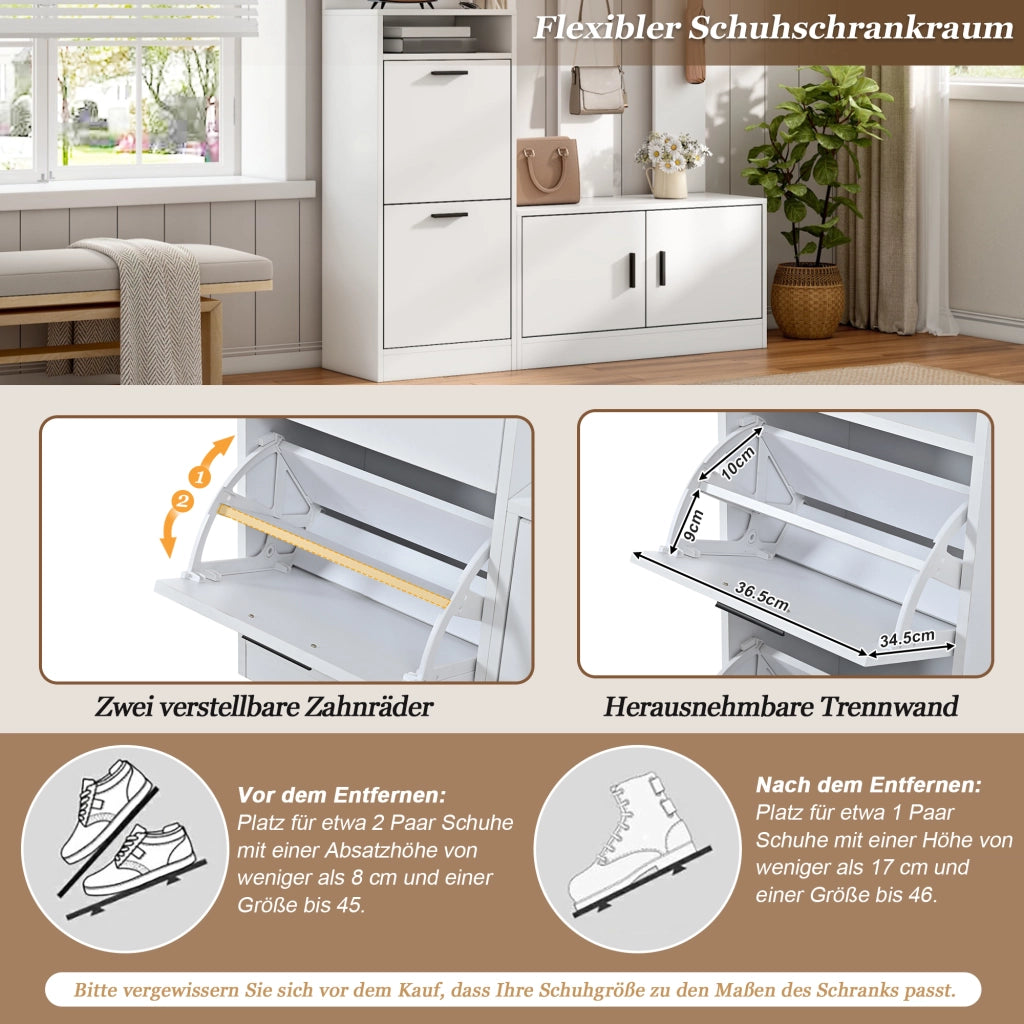 Mobili da ingresso con scarpiera ribaltabile, specchio e 6 ganci, vani aperti, in MDF, bianco, 120 × 30 × 180 cm